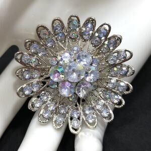 Rhinestone Flower Brooch, Aurora Borealis Clear Rhinestones, Silver Tone, 1 3/4"